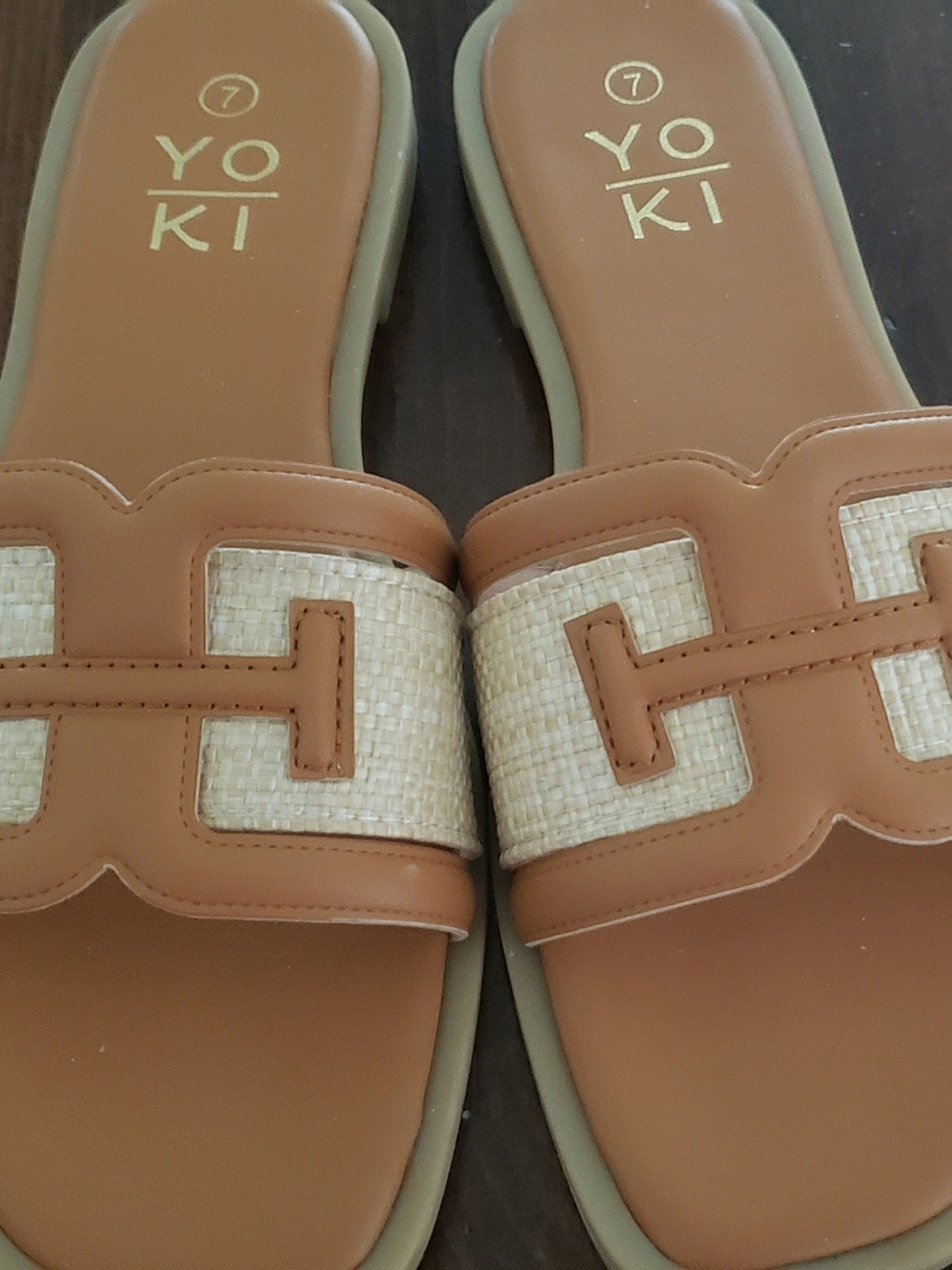 New YOKI Brown and Cream Woven Strap Slide Sandals